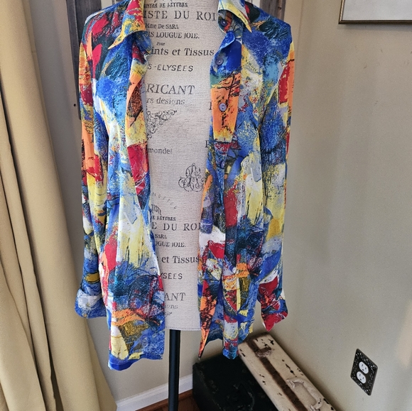 Vintage Blouse Modern Colorful Abstract Art Design Button up Long Sleeve - Picture 7 of 12